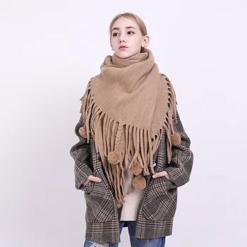 

New Fashionable Cashmere-like Scarf in Autumn and Winter of 2018 Lady Fringed Wool Ball Lengthen Warm Shawl