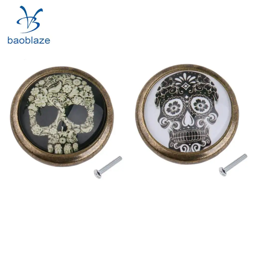 2 Pieces Skull Prints Antique Brass Cabinet Drawer Round Pulls Wardrobe Cabinet Door Cupboard Knob