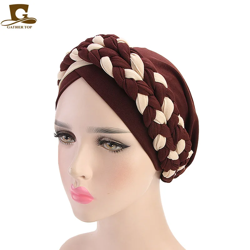 Женская тюрбан Мягкая дышащая двойная коса богемный стиль модная шапка Хемо шапка для волос - Цвет: Шоколад