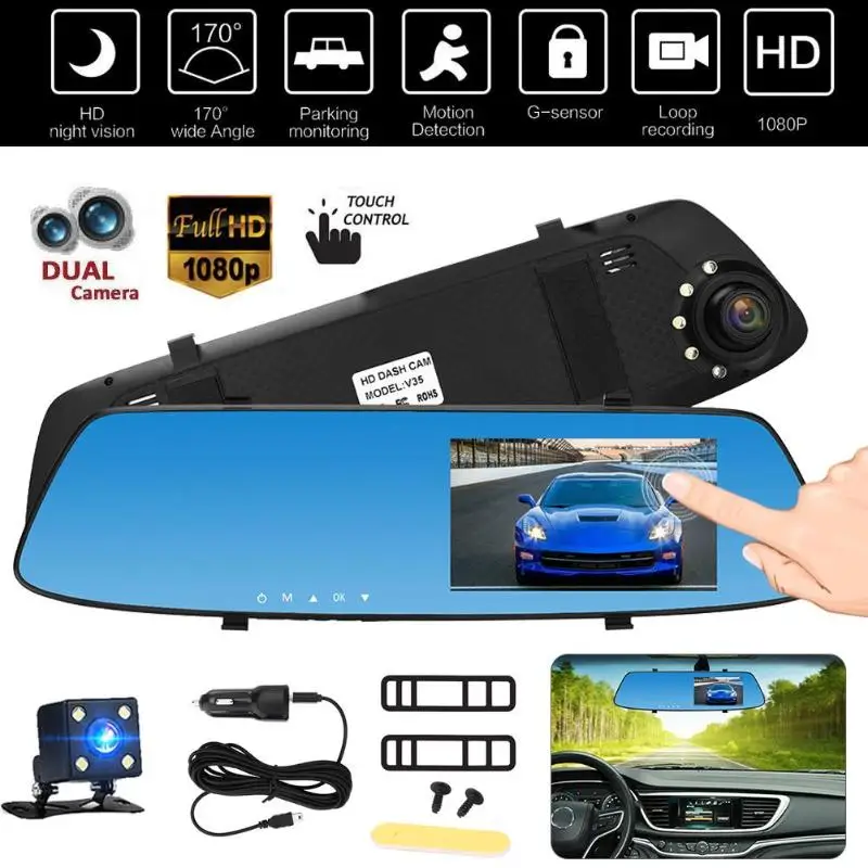 Goede VODOOL Auto DVR Camera 4.3in TFT Touch Screen Dual Lens Monitor Auto Parking Vedio DVR Camera Dash Cam Backup reverse Camera