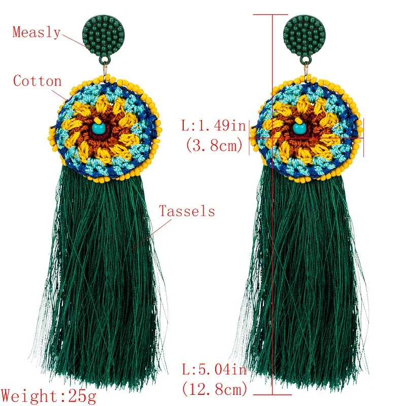 Этническое винтажное желтое длинное кольцо с кисточкой, серьги макси, хлопок, шерсть, шелк, нить Bohe, большой цветок, бусы, серьги для женщин, ювелирное изделие