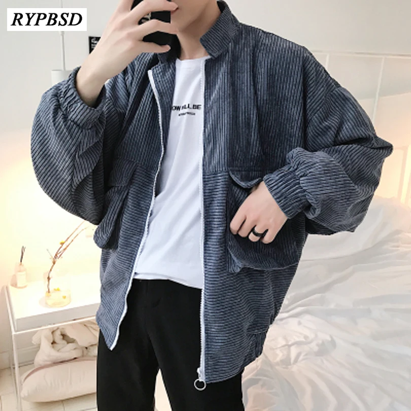 

2018 New Spring Corduroy Jacket Mens Loose Solid Color Zipper Corduroy Jacket Long Sleeve Bomber Streetwear Jacket