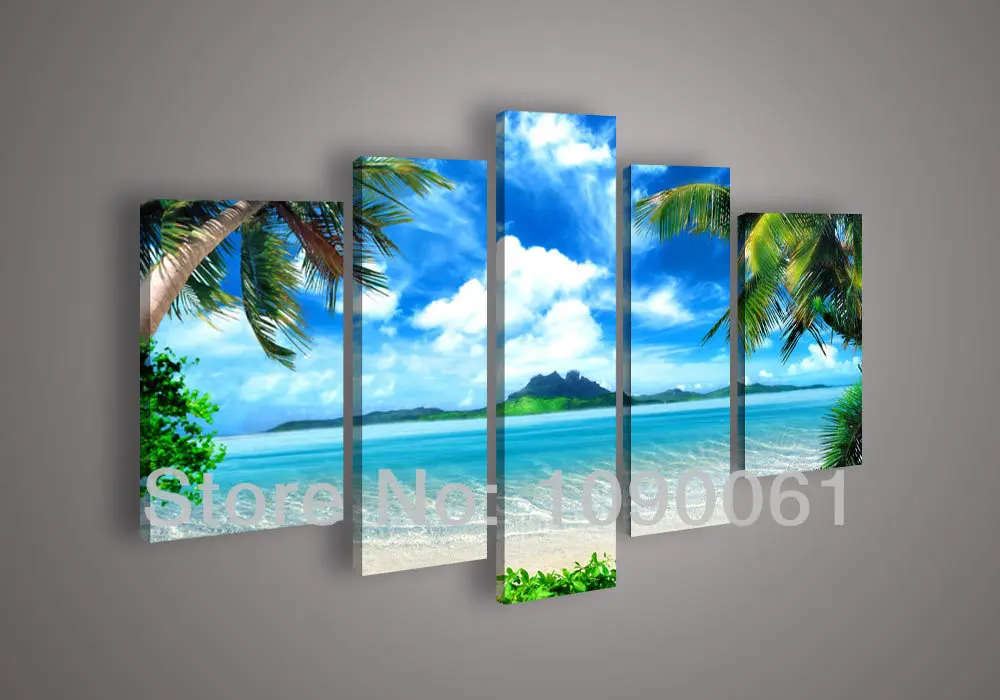 Seascape Palm Trees Sea Beach Blue Ocean Canvas Prints Painting Wall Art 5PCS 