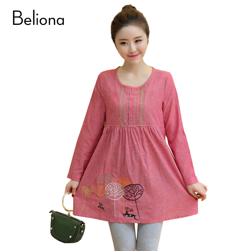 Embroidery Cotton Linen Loose Casual Long sleeved Maternity Blouses