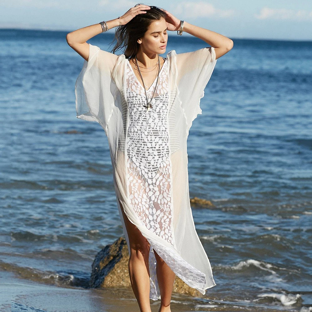 Женское летнее богемное шифоновое платье, кружевное, с цветочным узором, с вырезом, 1/2, рукав летучая мышь, v-образный вырез, белое прямое праздничное пляжное платье, длинное - Цвет: White
