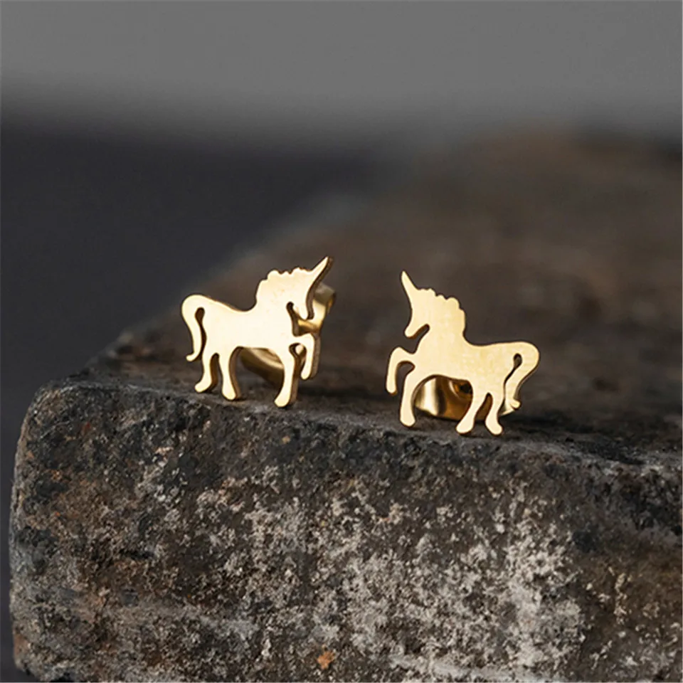 

Cute myth unicorn Golden & Silver Stainless steel Pegasus horse Earrings for women Charm Fashion fairy tale Stud Earrings