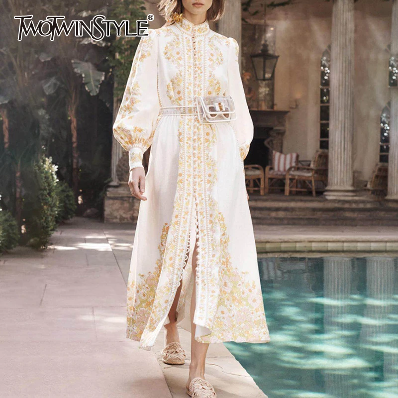 

TWOTWINSTYLE Summer Print Dress For Women Stand Collar Lantern Sleeve High Waist Midi Elegant Dresses Female 2019 Fashion