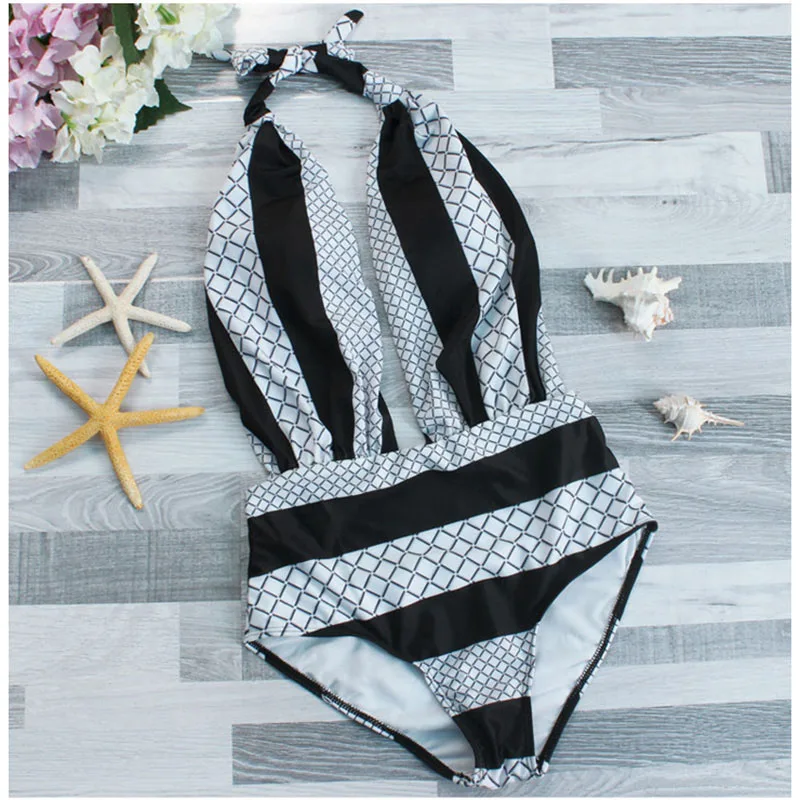 

Classical Checks One Piece Swimwear Women Sexy Deep V Bathing Suit Summer Girls Vintage Beachwear Swimsuit Backless Bodysuit