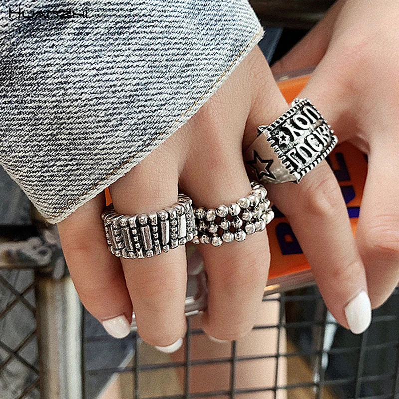 HUANZHI корейский новые потертые геометрические металлические бусины эластичная сила ретро серебряные кольца для пальцев для женщин вечерние аксессуары