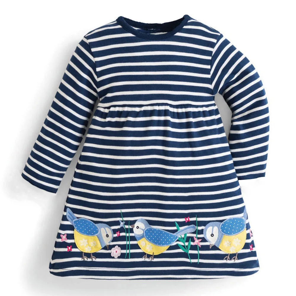 

littlemandy Birds Stripe Autumn Princess Dress Pattern Brand New Kids Dresses Baby Girls Clothes Long Sleeve Children Costume