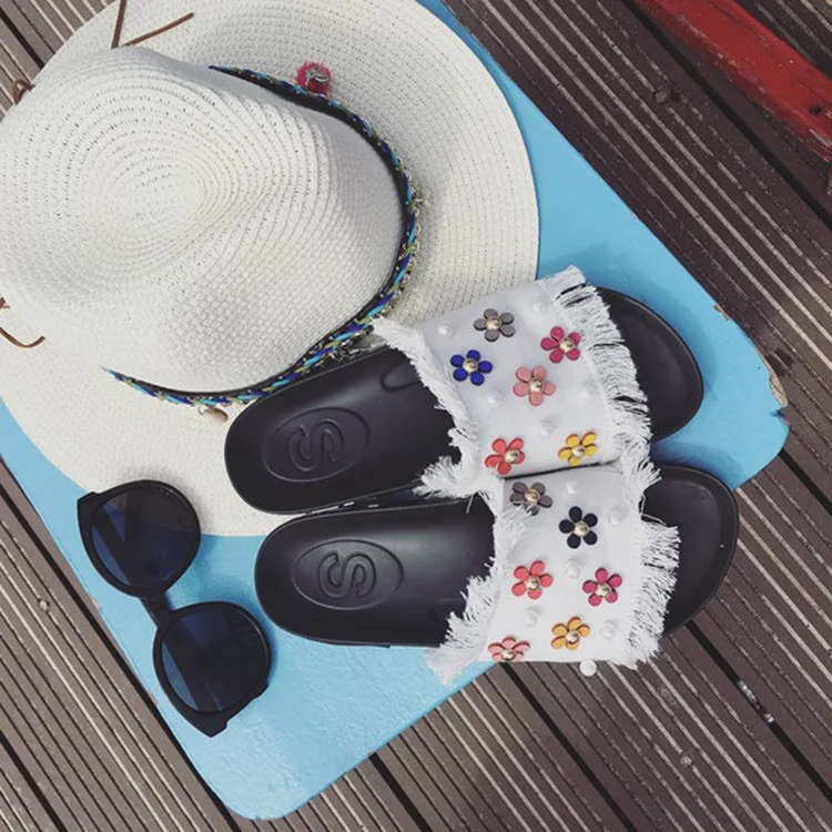 2016 New Korean Female Summer Sandals Casual Slippers Online Denim Daisy Pearl Ladies Comfort Footwear Cheap46