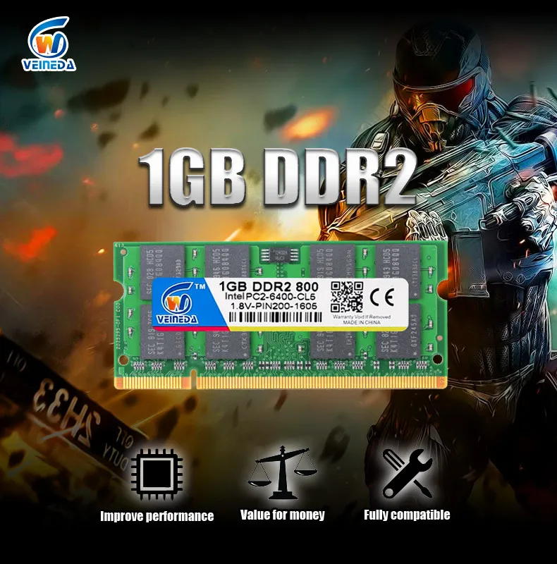 VEINEDA Память ram sodimm DDR2 1 ГБ 800 МГц ddr2 совместима с 533 МГц для Intel amd mobo поддержка ram ddr2 667 PC2-6400 ноутбука