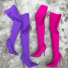Фиолетовые эластичные высокие сапоги; женские Сапоги выше колена; ботинки на тонком каблуке; коллекция года; Лидер продаж; модная женская модельная обувь; сезон осень-зима
