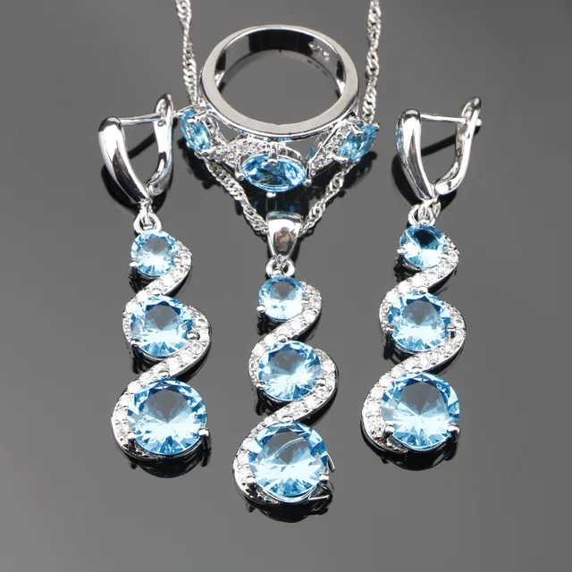 Bridal Light Blue Zircon Silver 925 Costume Jewelry Sets Women Pendant