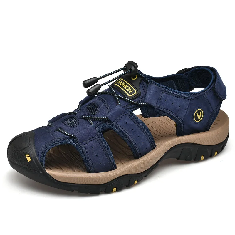 Классические мужские сандалии из натуральной кожи; мужские мягкие сандалии; Летние мокасины; пляжная обувь; тапочки; повседневные кроссовки; Уличная обувь; очень большие размеры - Цвет: Синий
