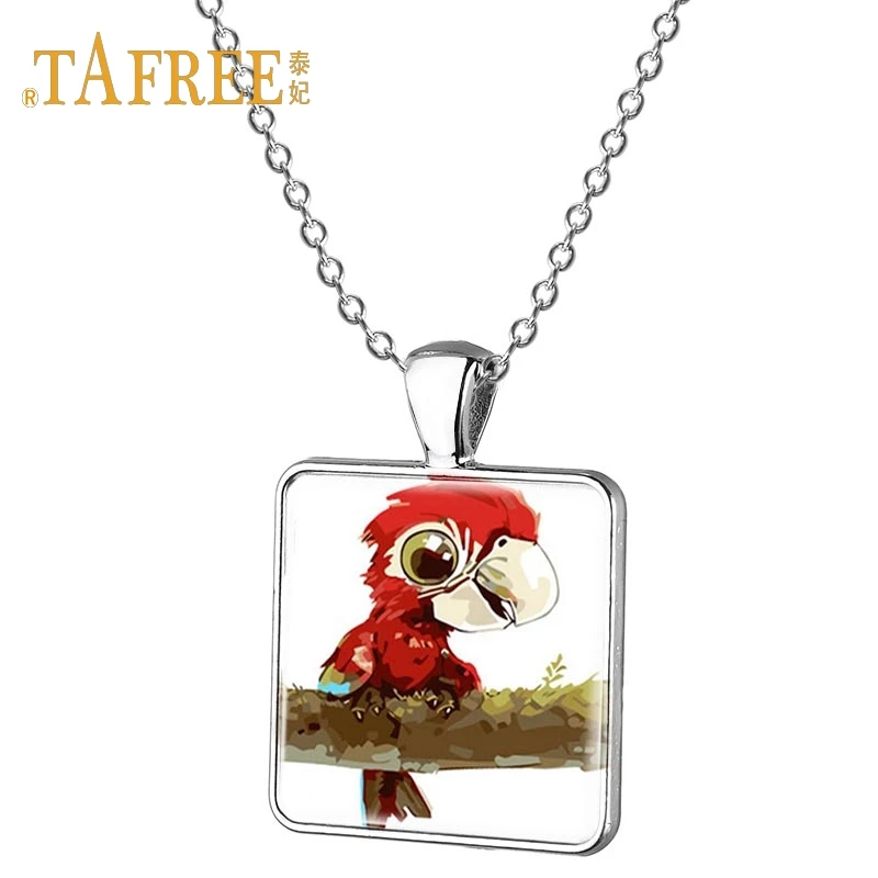 

TAFREE Lively animal parrot necklace cartoon vintage hand-painted art pattern glass gem pendant pendant necklace jewelry TB138