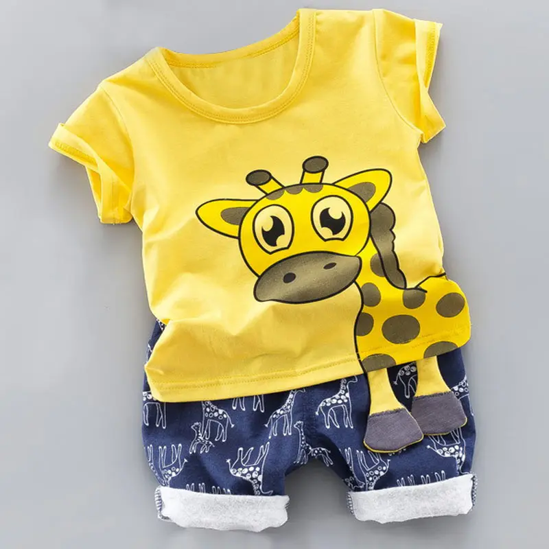Новая летняя одежда для маленьких мальчиков и девочек Модный хлопковый костюм спортивный костюм для мальчика с мультяшным принтом, футболка+ шорты детская одежда - Цвет: AX1066 yellow
