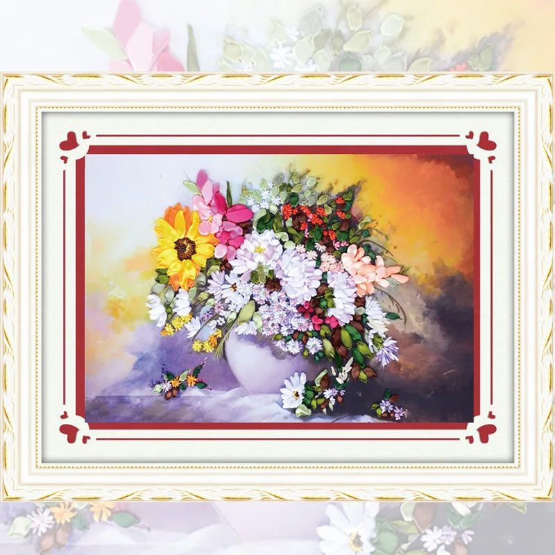 

DIY Sewing Painting Flower Vase Ribbon Embroidery 3D Cross Stitch Kits Embroidery Needlework Sets Handmade Craft Decor C-0243