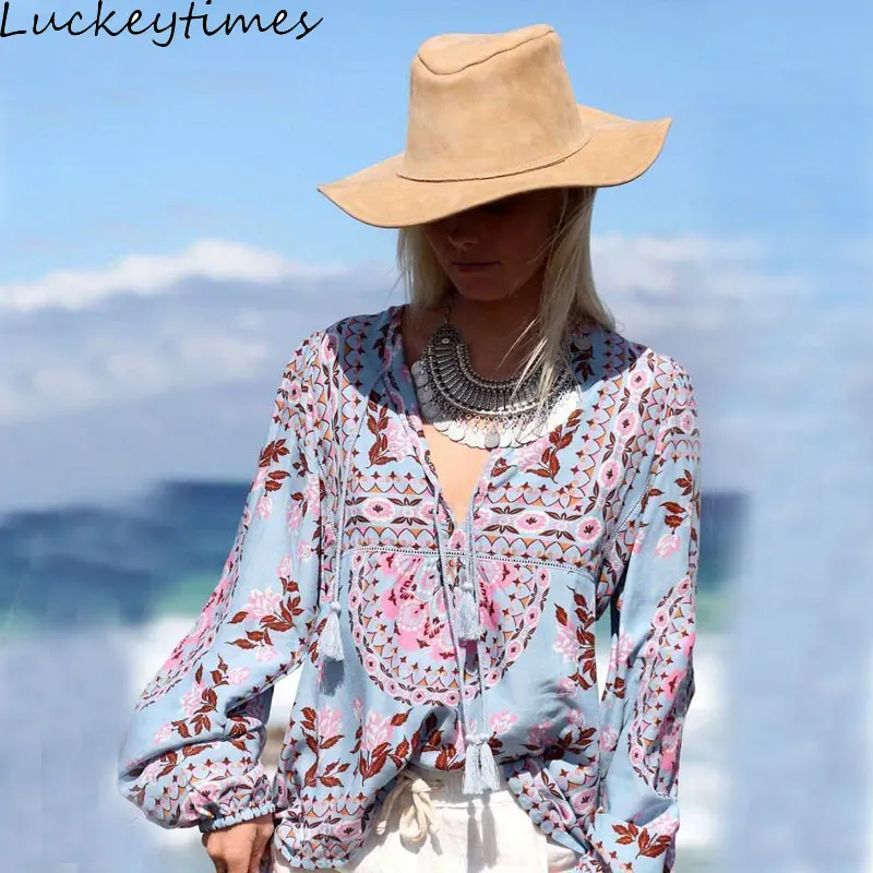 

Luckeytime Floral Print Peasant Blouse V-Neck Tassel Sexy Lantern Sleeve Women Shirt Tops Elegant Boho Chic Blusas Feminino 2019