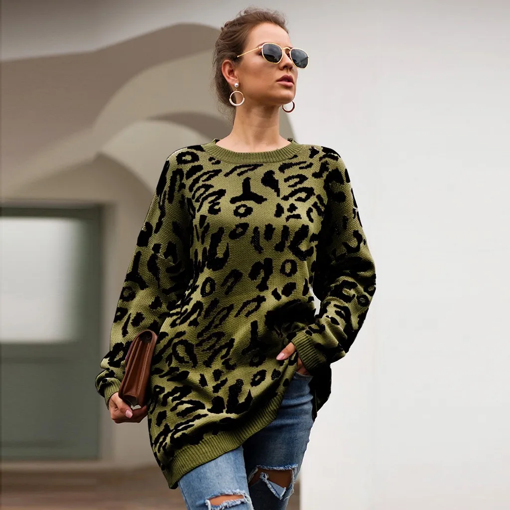 

feitong sweater women plus size Knitted Leopard Clothing Autumn Long Sleeve O-Neck Sweater large size blusa de frio feminina 7#3