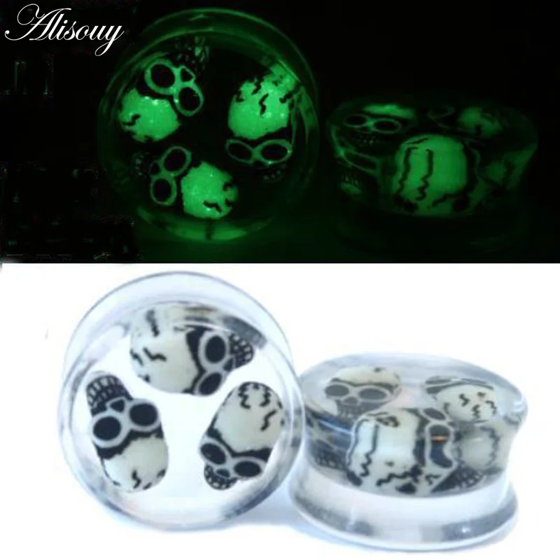 EM0459 Three Skull Alisouy 1 шт., винтажный Эспандер для ушей, прозрачный акриловый, светится в темноте, жидкий, телесный, тоннель, Ушная пробка, носилки, пирсинг, ювелирные изделия для тела - Окраска металла: EM0459 Three Skull