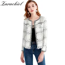 Осень-зима черный, белый цвет клетчатая твидовая куртка пальто женские Винтаж маленькое Очаровательное легкое с длинным рукавом Ленточки шерстяное пальто-жакет