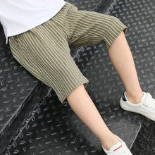 Лидер продаж; штаны в полоску для мальчиков; повседневная одежда в Корейском стиле; модная льняная детская одежда; Детская летняя одежда; Мягкие короткие штаны для мальчиков