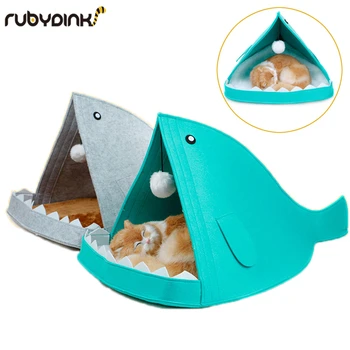 

Creative Cute Pet Bed Blue Gray Shark Shape Dog Cage With Hanging Hairball All Season Breathable Cat House Pet Sleeping Supplies