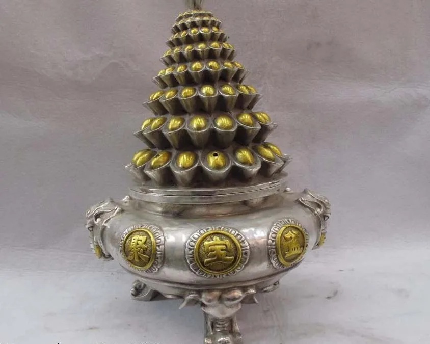 

Free Shipping 14 Chinese White copper silver Lucky wealth YuanBao Elephant Ear Treasure bowl