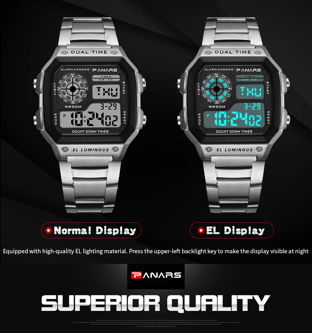 black digital watch PANARS Top Brand Luxury Mens Watches Stopwatch Electronic Digital Watch Men 5BAR Waterproof Military Sports WristWatches Clock vintage led watch