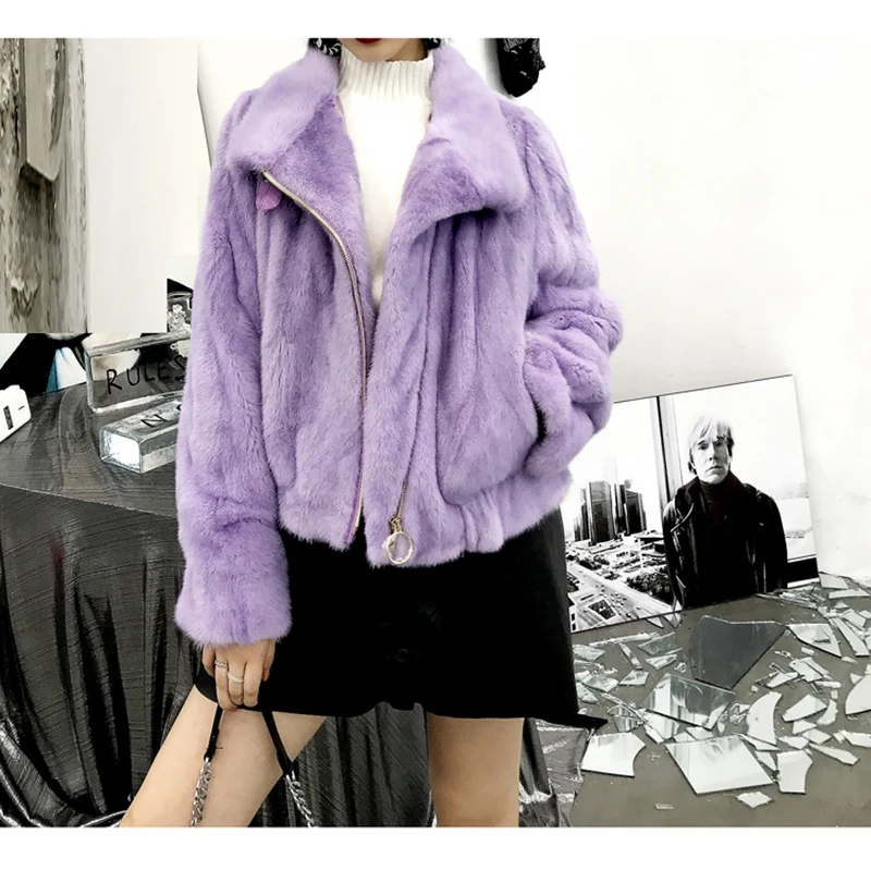 

Mink Whole Fur Women short Sportswear with Turn-down Collar Winter Thick Slim Warm Female Mink Fur Jacket