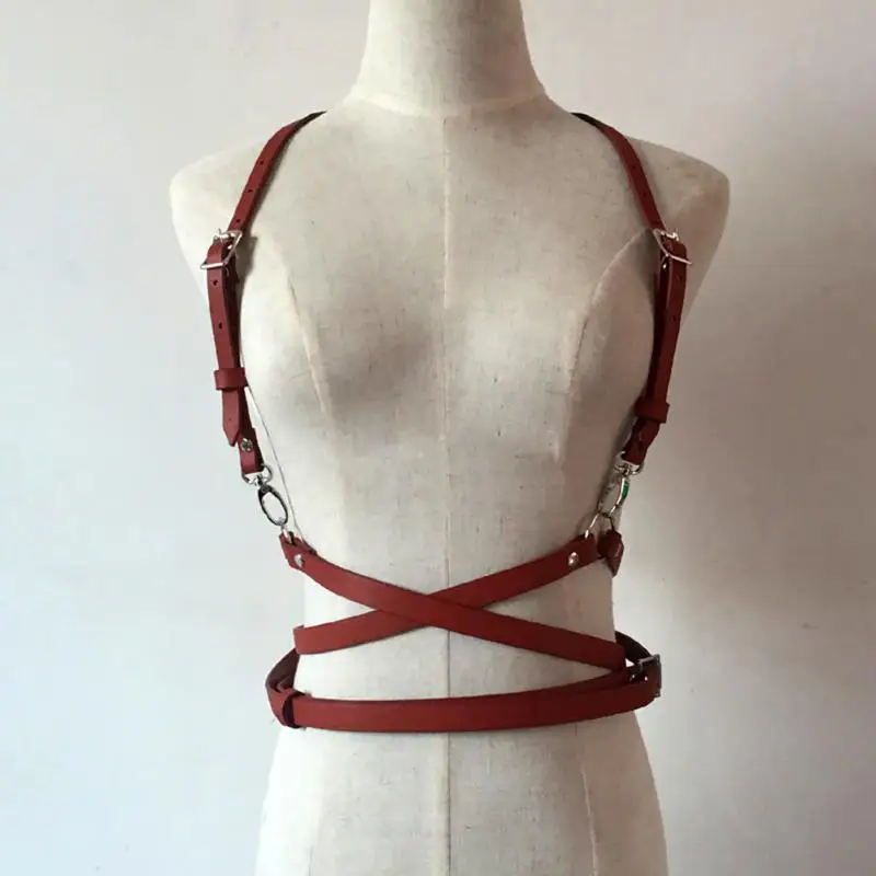 Pop Punk Harajuku O-Ring Garters Faux Leather Body Bondage Cage Sculpting Harness Waist Belt Straps Suspenders Belt#25 - Цвет: Коричневый