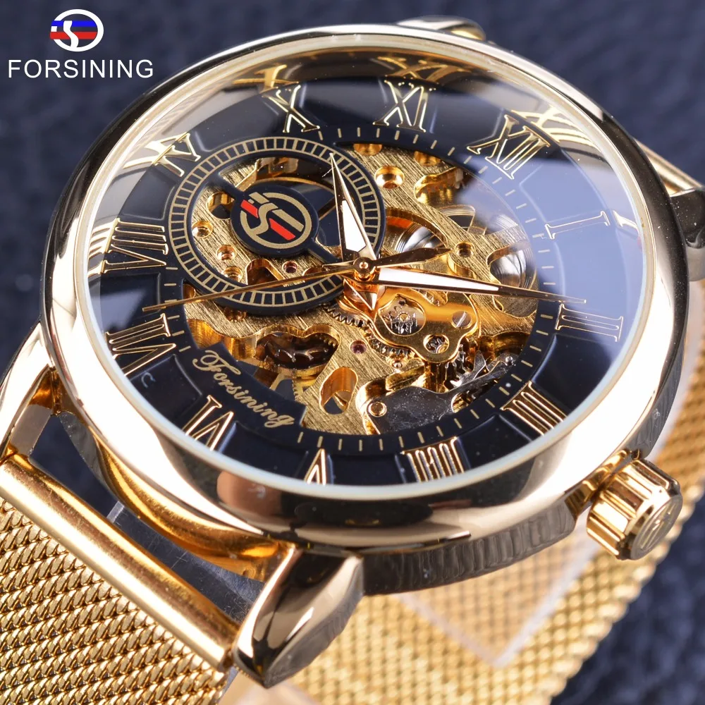 Forsining transparente 2017 de moda 3D grabado de logotipo de oro de acero inoxidable de los hombres reloj mecánico superior de la marca de lujo de esqueleto