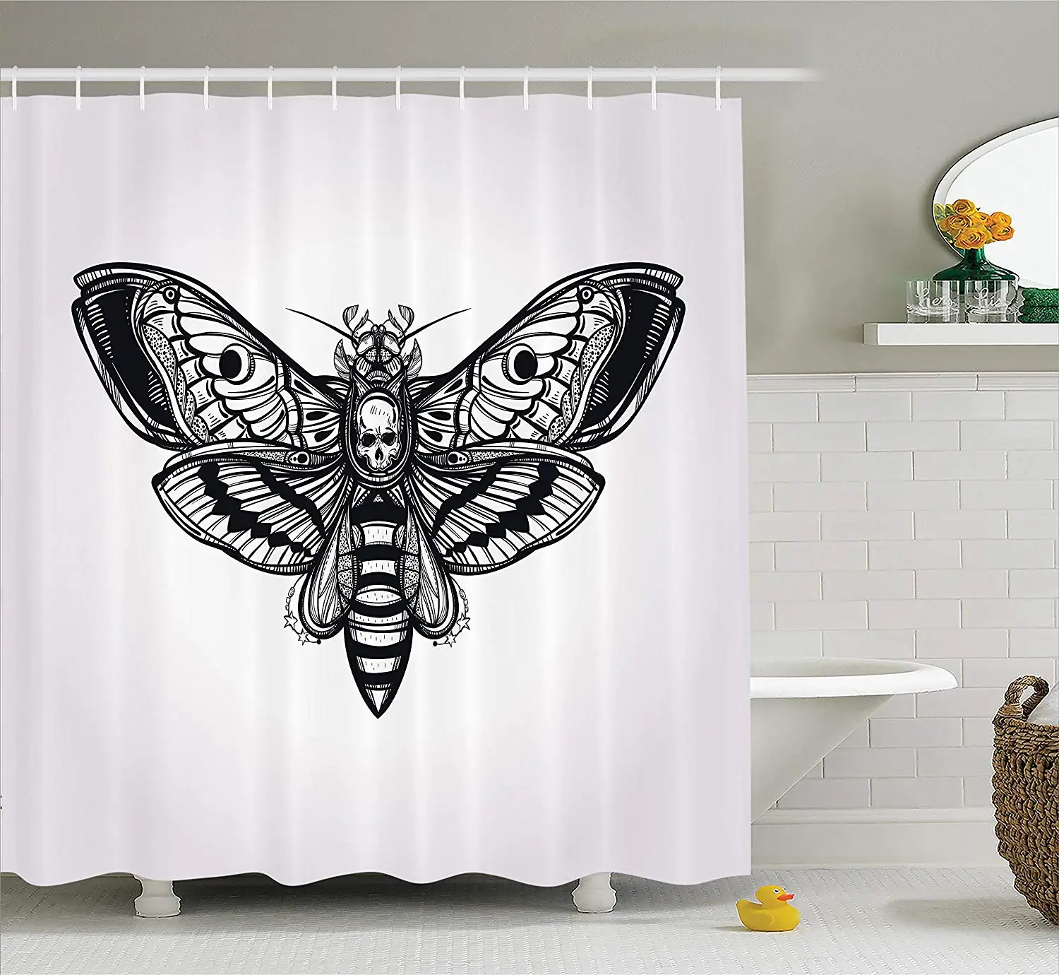 

Skulls Dead Moth Skull Face in Gothic Grunge Style Dark Butterfly Inner Self Journey Bathroom Shower Curtain Set Black White