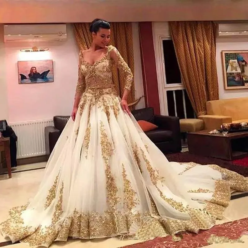 

Saudi Arabian Evening Gown 2 Pieces Elegant Long Gold Appliques Robe De Soiree A Line Formal Dresses With Sleeves vestido longo