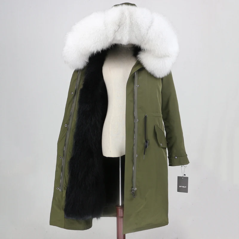 OFTBUY X-long Parka, водонепроницаемая ткань, верхняя одежда, зимняя куртка для женщин, натуральный Лисий мех, капюшон, Лисий мех, подкладка, натуральный мех, пальто, съемный - Цвет: green black white