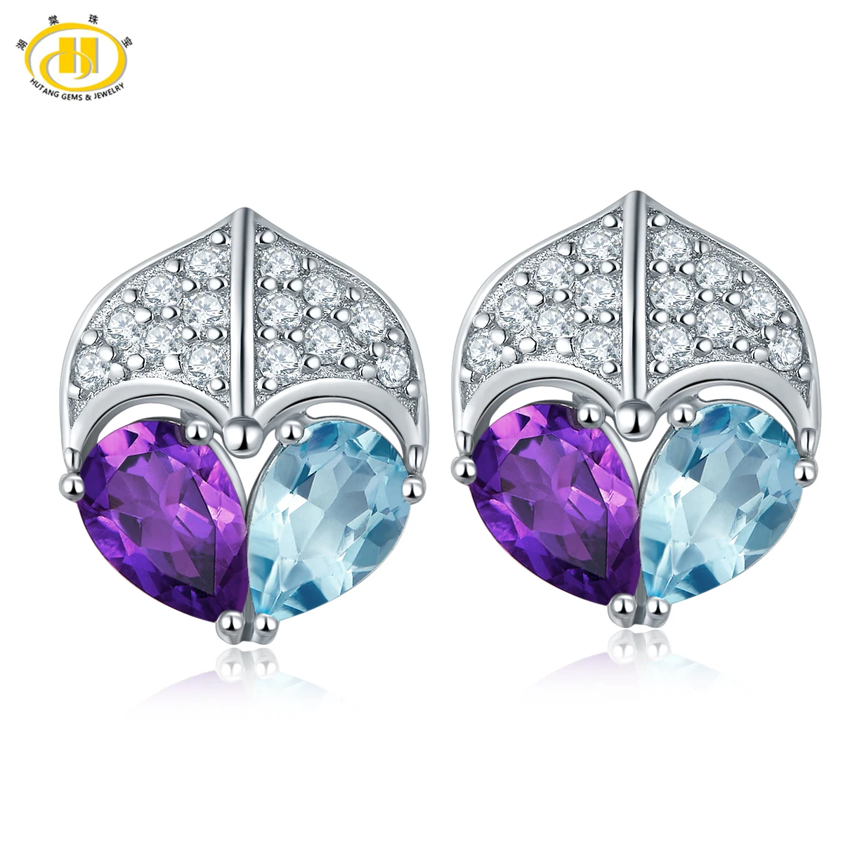 

Hutang 2017 New Arrival Real Blue topaz & Amethyst Stud Gemstone Earrings Solid 925 Sterling Silver Gemstone Fine Jewelry Women