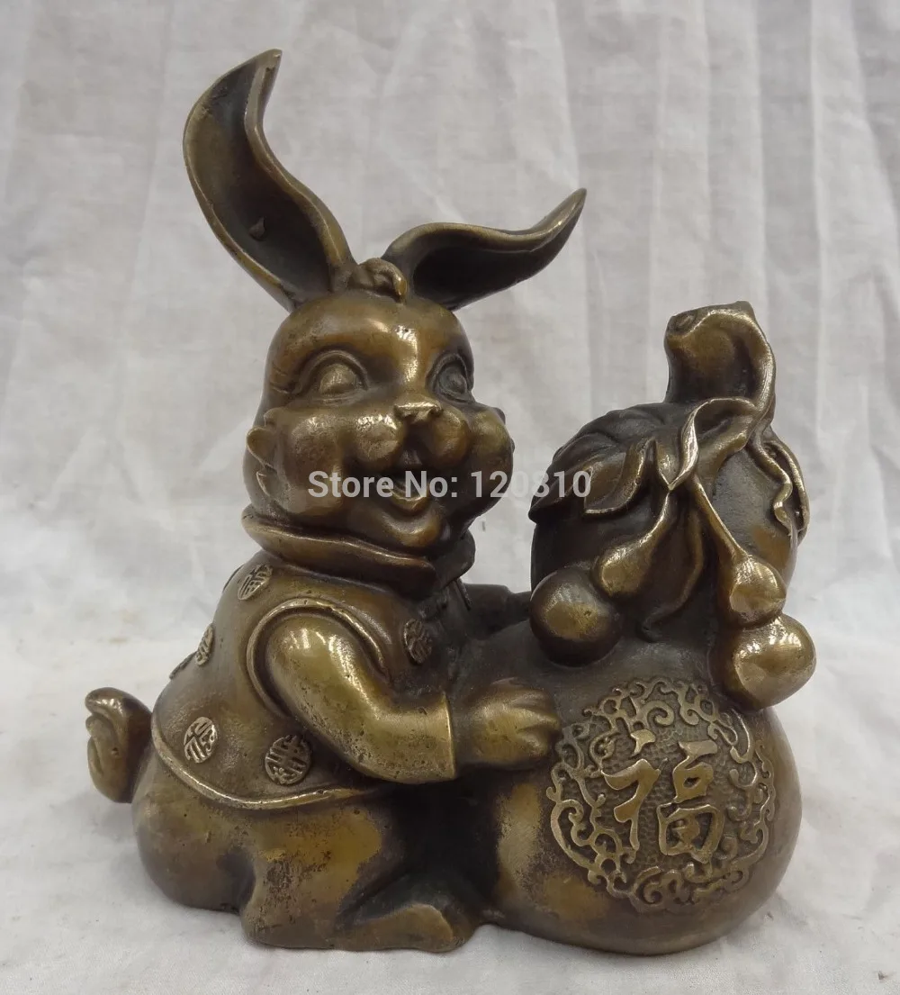 

China Bronze Wealth Coin Fu Gourd JiXiang Happy Lovey Rabbit Man Person Statue