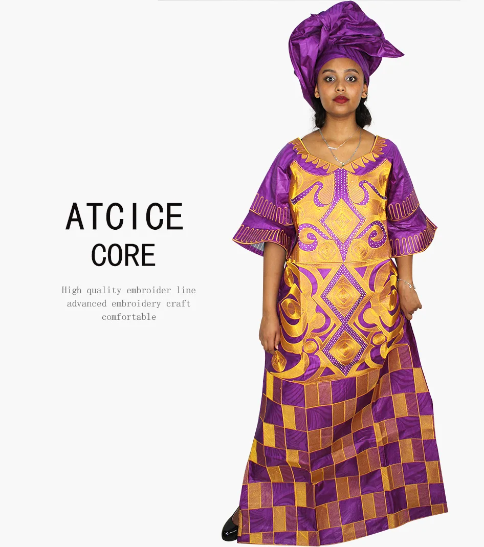 African Dresses For Woman Bazin Riche Computer Emboridery Plus Size Long Dress With Scarf A023 african robe