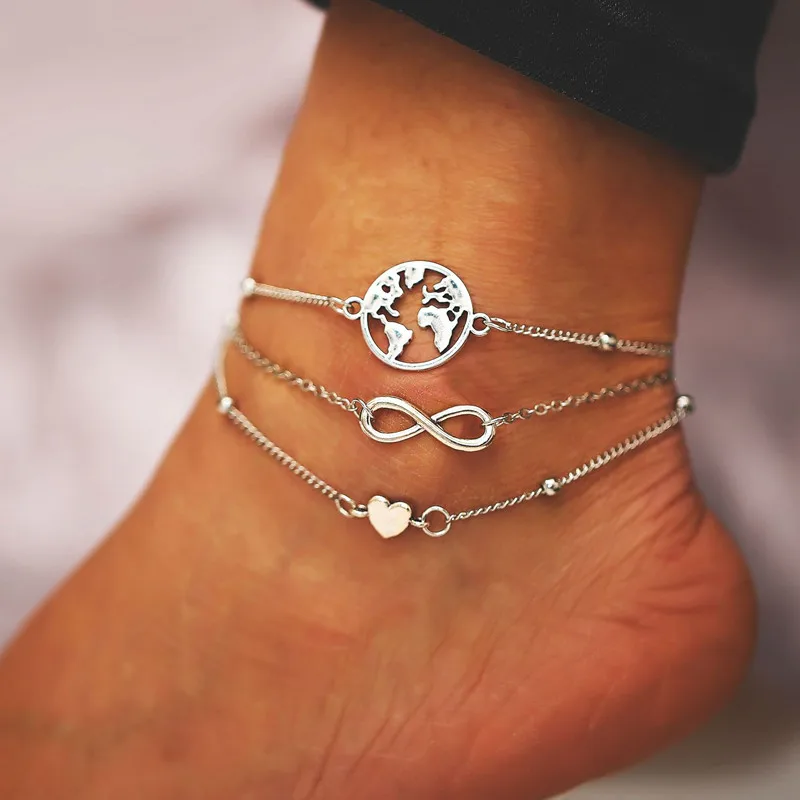 

Fashion new retro three pieces each set of map love eight word anklet ladies anklet charm bracelet legs beach jewelry 2019