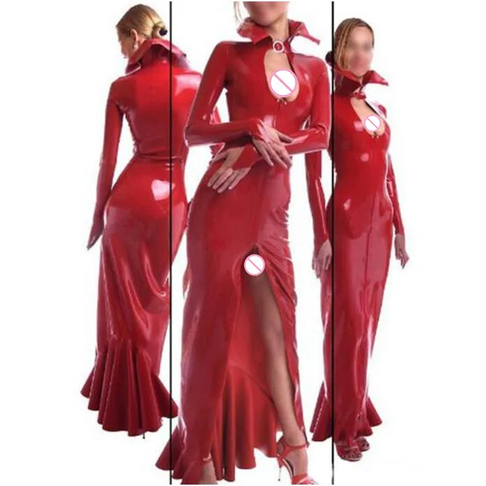 Sexy-Womens-Red-Stand-Collar-Latex-Exotic-Long-Dress-Rubber-One-piece-Slit-Dress