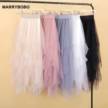 Women irregular Tulle Skirts Casual Elastic High Waist Mesh Tutu Skirt Pleated Skirts Sexy Mesh Midi Skirt Plus Size
