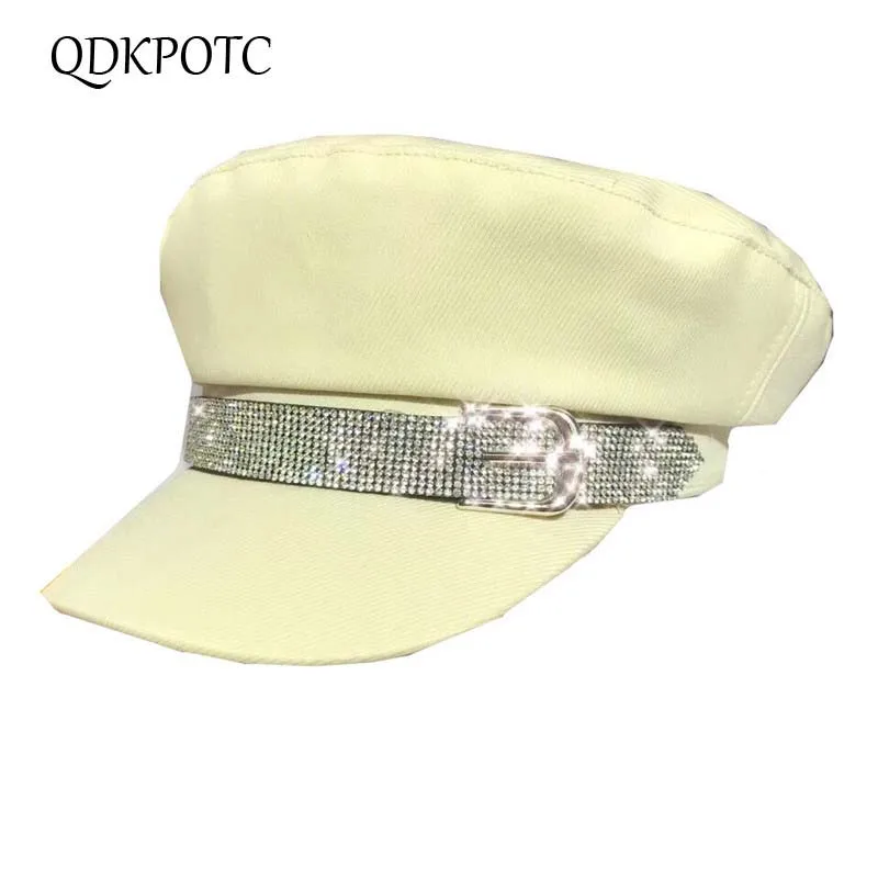 QDKPOTC, новинка, женские шапки на весну и лето, стразы, пряжка, военные шапки, Европейский, американский стиль, плоская кепка, модная шапка для путешествий, вечеринок