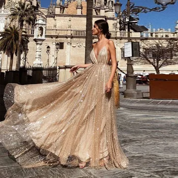 

Deep V -cut Backless Strap Maxi Dress Women Elegant Big Shoulders Floors Long Dress Sleeveless Sparkly Paillettes Dress 2019