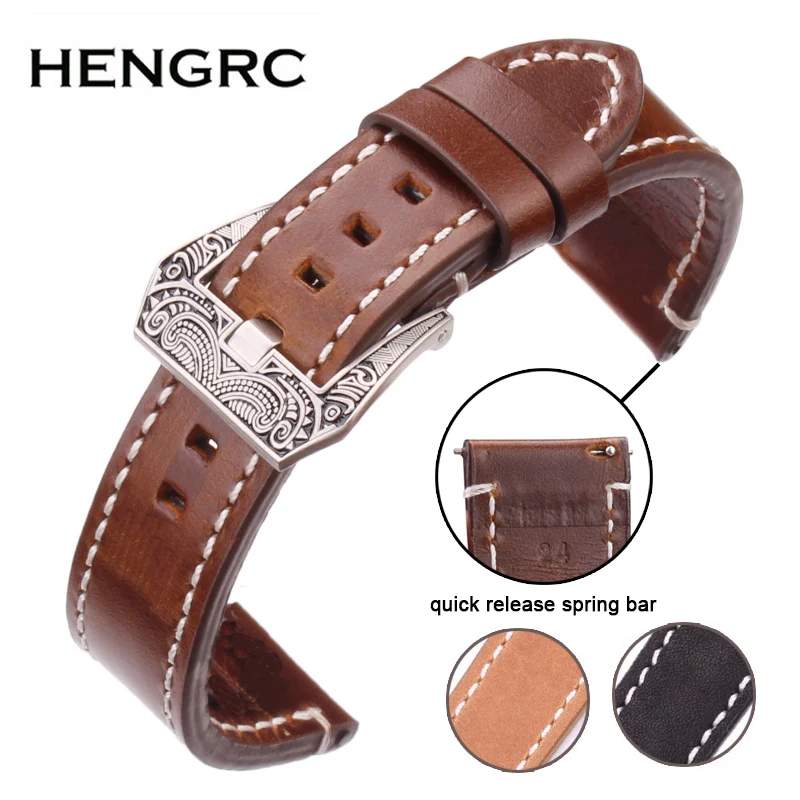 

HENGRC Men Cowhide Genuine Leather Watchband 20 22 24mm Handmade Watch Band Strap With Stainless Steel Retro Buckle For Panerai