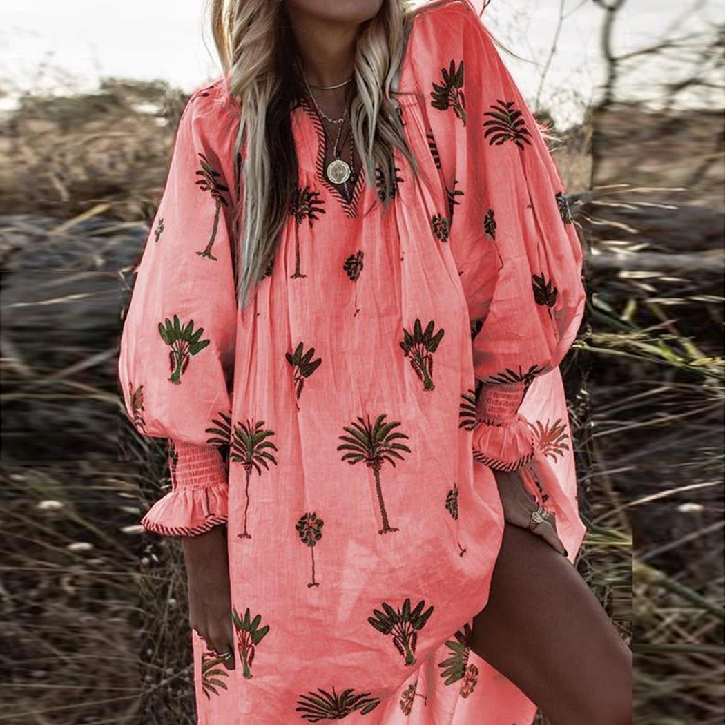 

Women Bohemian Pleated Dresses Women Palm Tree Printed Loose Dress Casual Ruffled Long Sleeve Dresses Female Beach V-Neck Dress