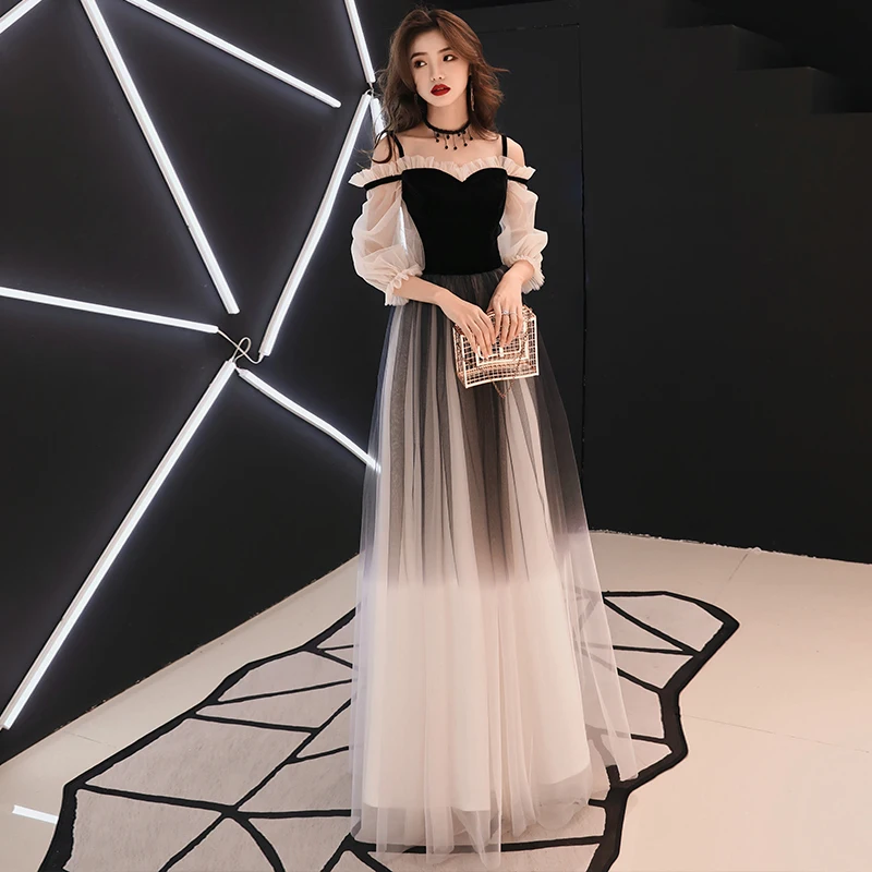 

YIDINGZS Spaghetti Strap Gray Evening Dress Velour Tulle Party Elegant Long Dress