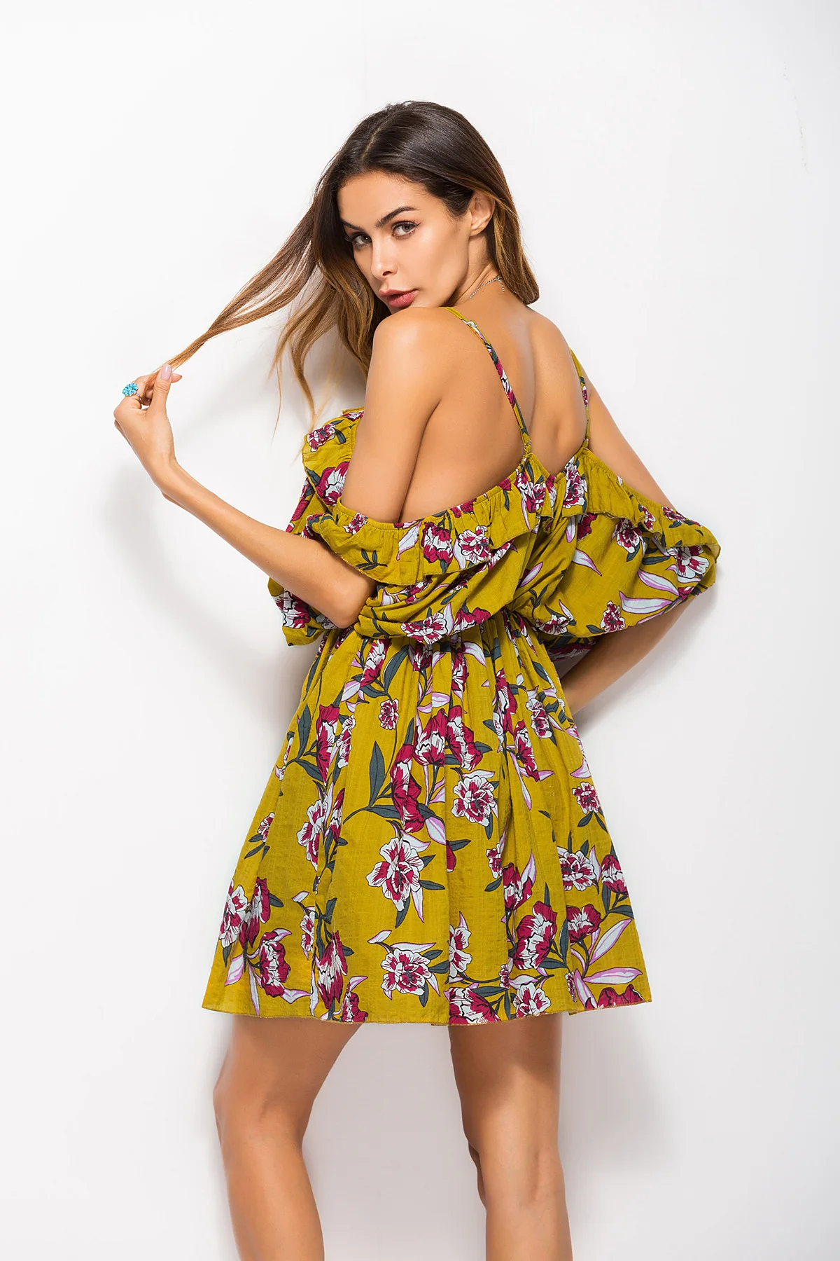 Women summer fashion sexy V-neck open back irregular sling dress off-shoulder batwing sleeve print dress party vestidos