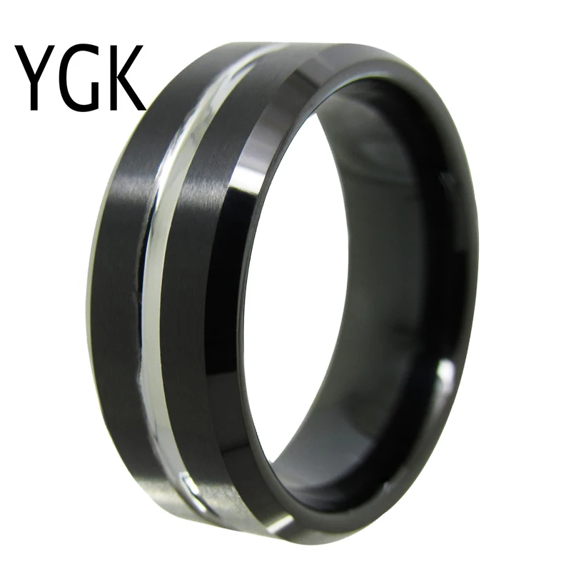 

YGK Wedding Jewelry Matte Black Bevel Silver Groove New Tungsten Rings for Men's Bridegroom Wedding Engagement Anniversary Ring