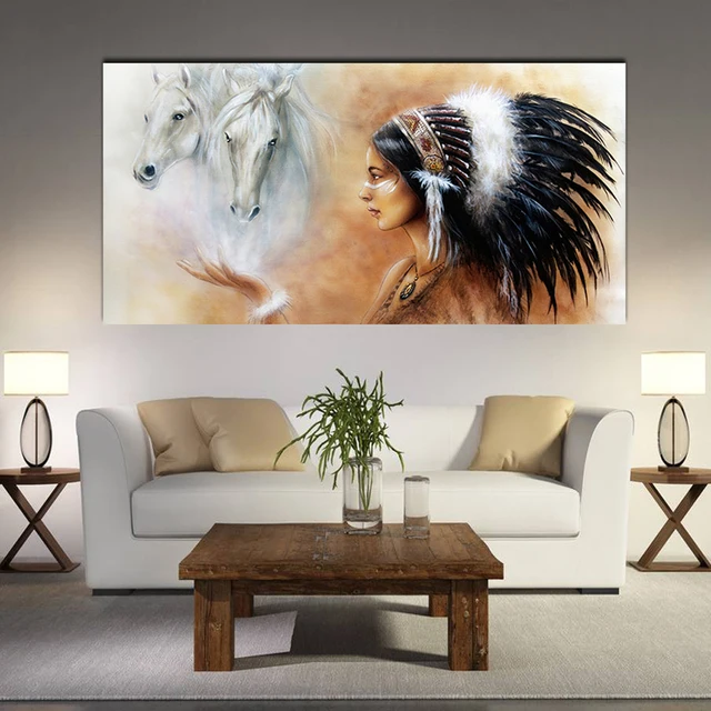 S L Size Indian Women White Horse Pattern Spray Oil Painting Wall S L Size Indian Women White Horse Pattern Spray Oil Painting Wall Art Pictures For